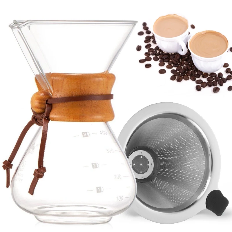 Ручной кофейник, термостойкая стеклянная кофеварка с фильтром из нержавеющей стали, чашки для семейного офиса 400 мл - Цвет: Pot with Filter