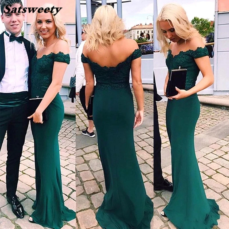 

New Hunter Green Mermaid Bridesmaid Dresses Sexy Backless Off Shoulder Prom Dress Wedding Guest Party Gowns