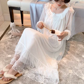 

Lace Cute Princess Nightdress Autumn Round-neck Ruffle Lace Long-sleeve Solid Straight Sleeping Dress Folds Stitching Nightwear