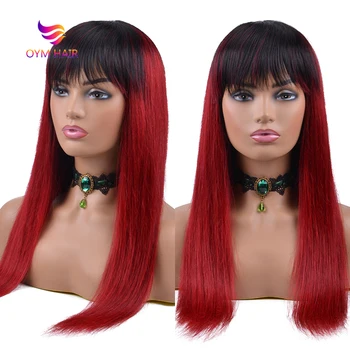 

Human Hair Wigs With Bangs 150% Ombre Burgundy Remy Brazilian Straight Wig Full Machine Made Human Hair Wigs For Black Women