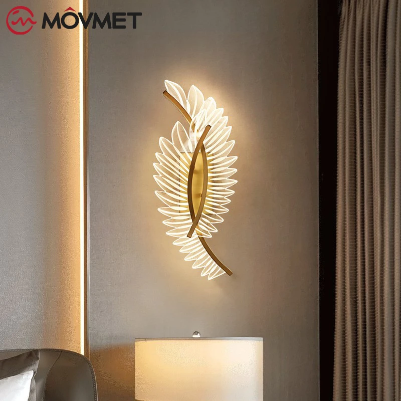 outside wall lights Bedside Lamp Leaves Tree Leaf Bedroom Creative Light Luxury Acrylic Gold Metal For Living Room Corridor Stairs LED Wall Light plug in wall sconce