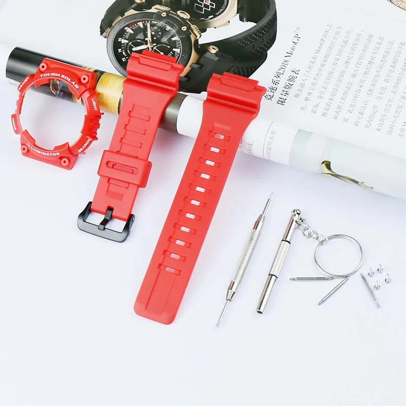 Watch accessories men's and women's resin strap for Casio watches with case AQS810W silicone rubber bracelet watch with case - Band Color: Red white word