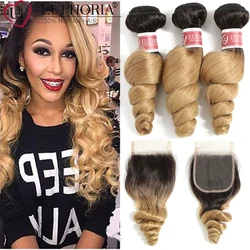 Ombre Blonde Loose Wave Brazilian Remy Human Hair 3 Bundles With Closure Bundles With Lace Closure 4x4 Blonde 27 Euphoria