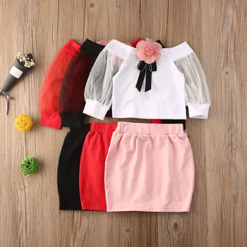 

2020 Fashion New Toddler Girls Outfits Set Summer Cotton Mesh Floral Tops+Skirts 2Pcs Kids Children Party Clothes Set 1-5Y