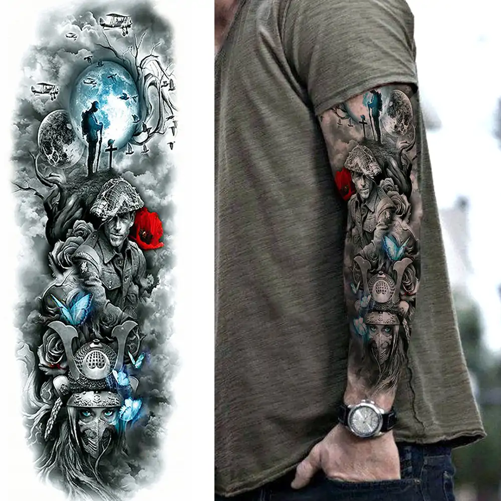 Tribal Military Soldier Temporary Tattoos Sleeve For Men Adult Fake Black Gangster Tattoos Sticker Full Arm Sleeve 3d Long Size Temporary Tattoos Aliexpress