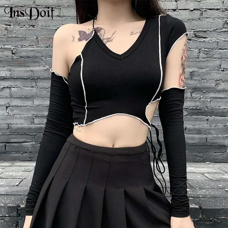 

InsDoit Gothic Sexy Hollow Out BLack Tops Streetwear V Neck Backless Long Sleeve Tops Women Punk Bodycon Bandage Crop Tops