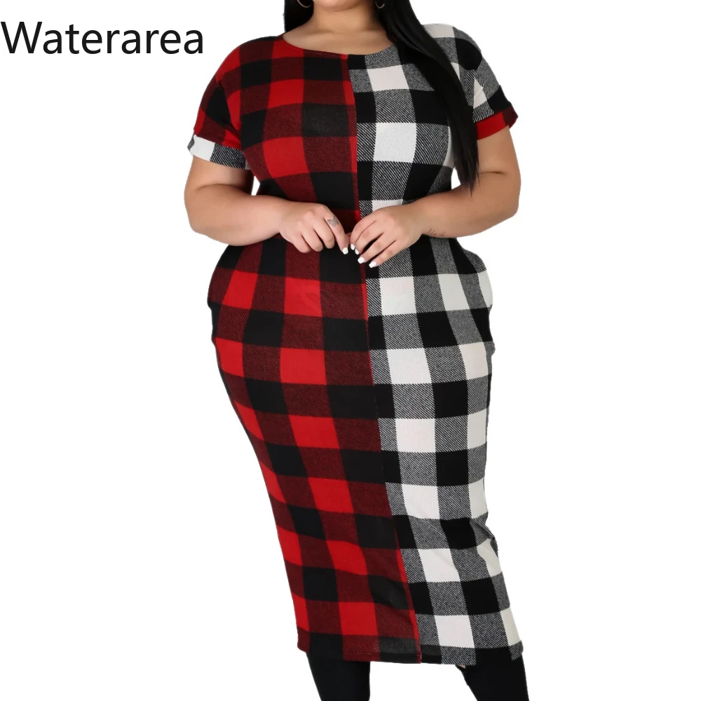XL 5XL Women Colorful Plaid Print Midi Dress Night Club Party Female O neck Short Sleeve Dresses