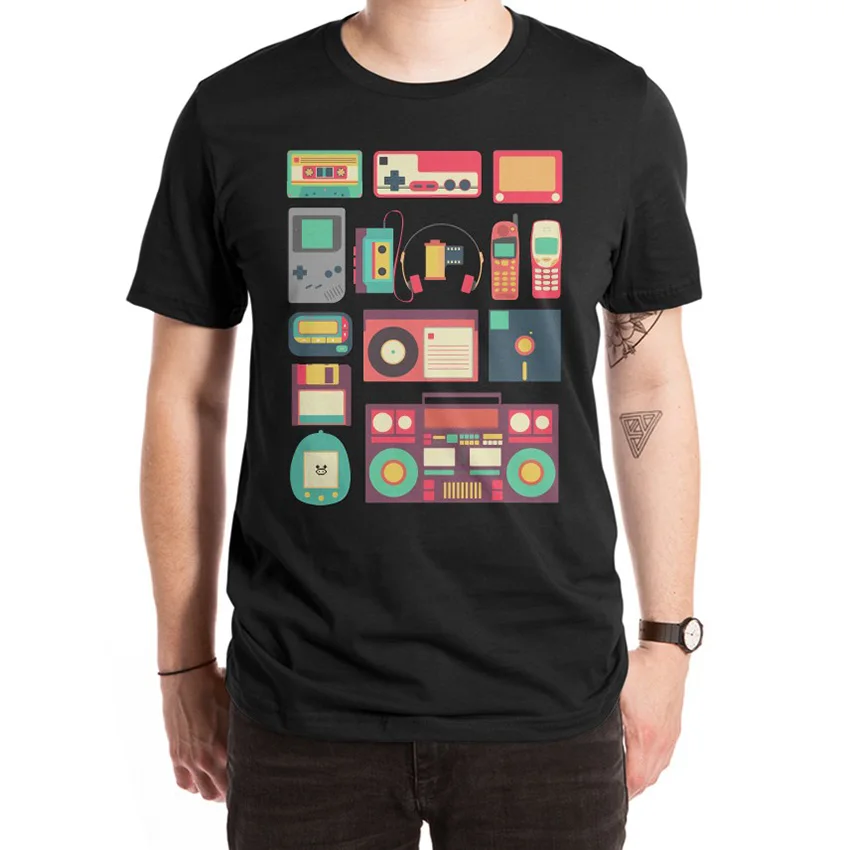 

Retro Technology T Shirt cassette video games gameboy tamagotchi floppy disk radio electronics Gaming nerd geek