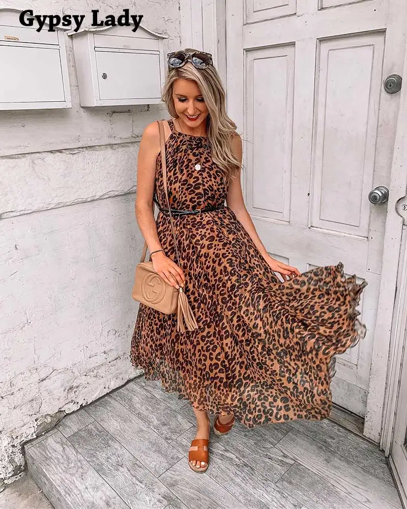 Gypsylady cheetah летнее платье с круглым вырезом Платье Бохо без рукавов леопардовое платье с поясом женское праздничное платье