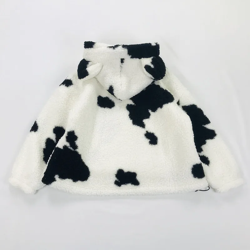 Повседневный свободный Женский пуловер с капюшоном, с милым рисунком коровы, с ушками, новинка, зимнее теплое плотное пальто из овчины, подходит для девочек-подростков