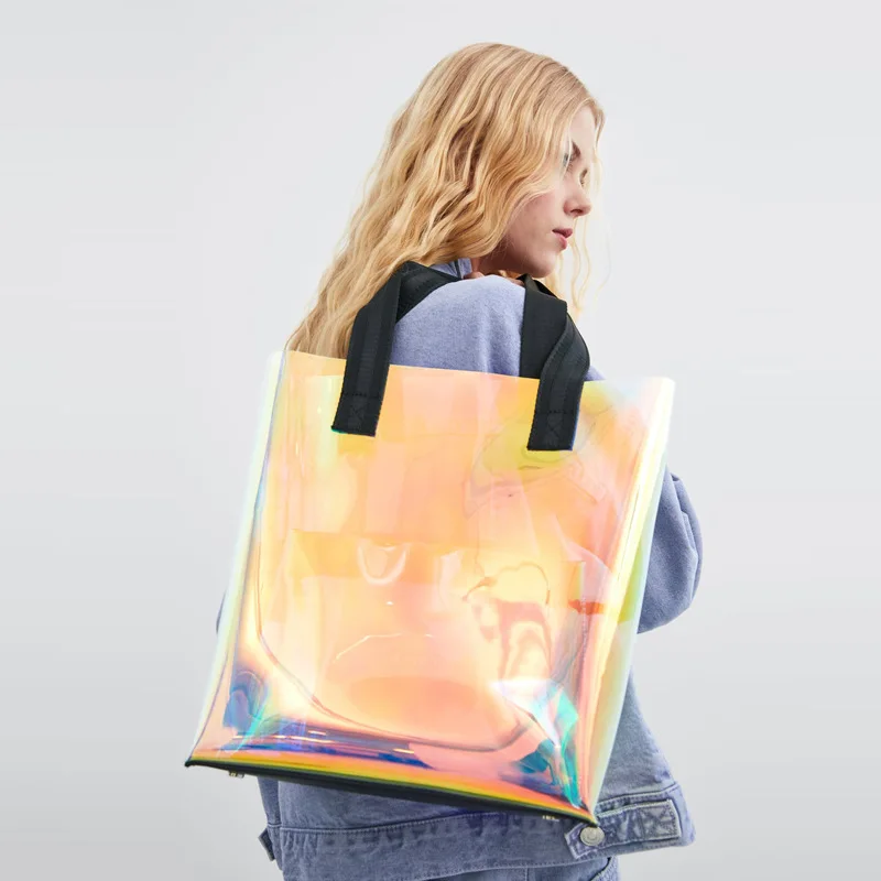 Laser Hologram Transparent Bag PVC Clear Tote Bags New Fashion Big Shoulder Bag Summer Beach Large Capacity Shopping Bags