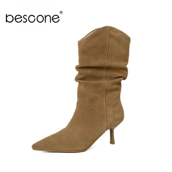 

Bescone Mature Style Sexy Mid-Calf Boots Woman Pleated Brown Cow Suede Pointed Toe High Thin Heel Boot Lady Shoes BM630