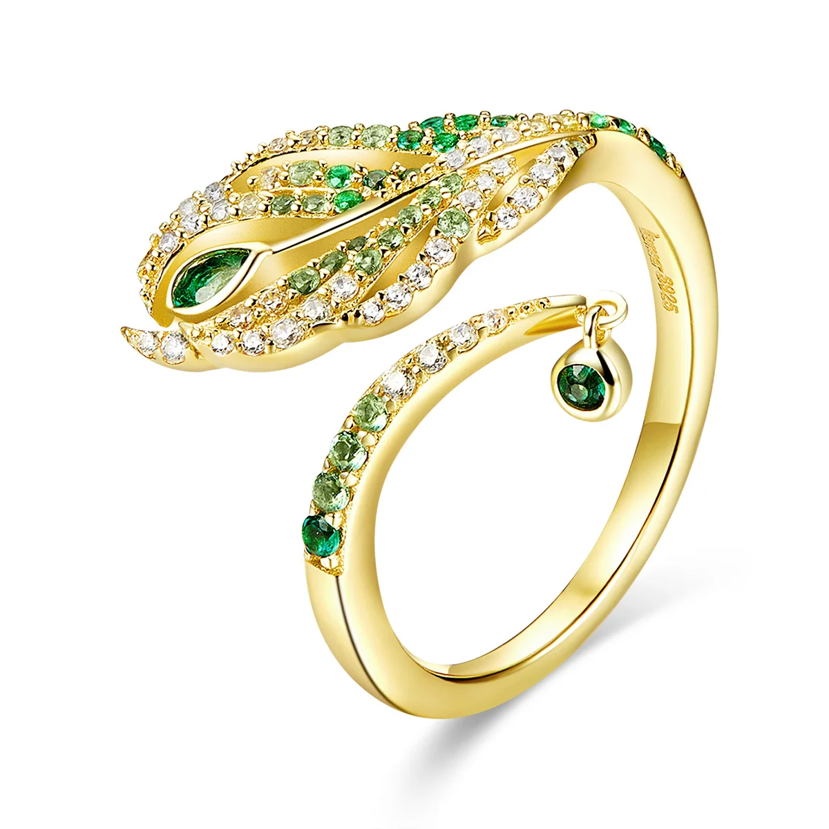 DISINIYA Feather of Peacock Queen Open Finger Rings Luxury 925 Sterling Silver Gold Color Wedding Statement Jewelry JBSR35067