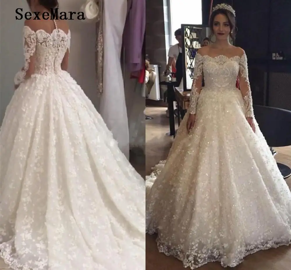 

2019 New Wedding Dresses Off the Shoulder Long Sleeves Lace Top Sweep Train Bridal Gowns Robe de marié Custom Made Size