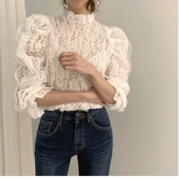 

Spring Puff Sleeve Blouse Women White Turtleneck Lace Printing Blouse Korean Style Elegant Ladies Lace Joint Tops
