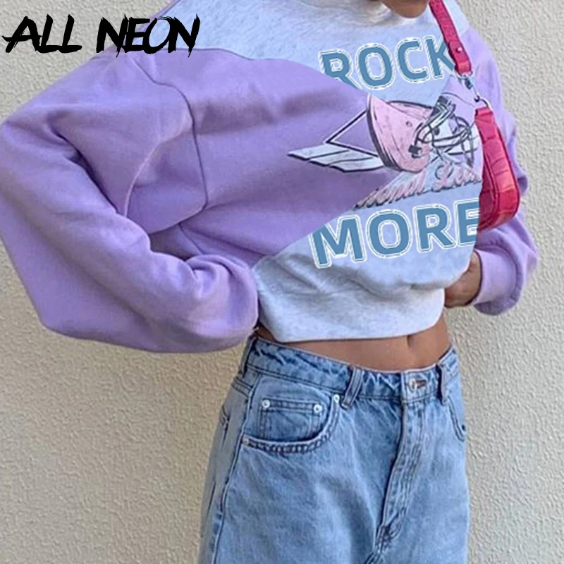 

ALLNeon Y2K Fashion Autumn Oversized Graphic Printing Patchwork Tops E-girl Vintage Crewneck Bawting Sleeve Crop Sweatshirts New
