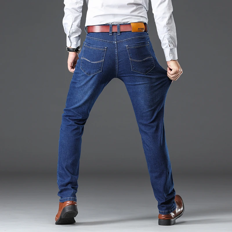 Классический Стиль модные Для мужчин офисные джинсы деловые, casual, эластичные, обтягивающие, и хлопковой подкладкой для мальчиков, джинсовые штаны размера плюс, 51, 52 55 56