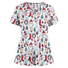 Camiseta manga curta estampada feminina, guarda-pó para enfermeira, camiseta de bolso com decote em v, estampa de natal