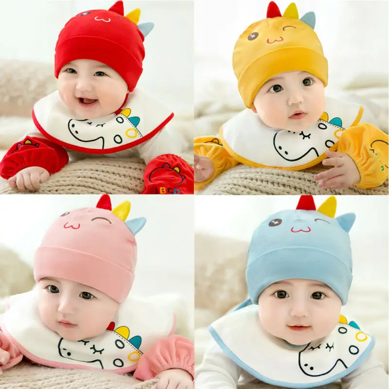 Cotton Baby Hat Bibs Newborn Girl Boy Cartoon Dinosaur Beanie Autumn Winter scarf Cap Accessories New