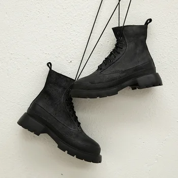 

Royesic Genuine Cow Leather Martin boots thick-soled short boots British style lace-up round toe mid-heel flat ankle boots