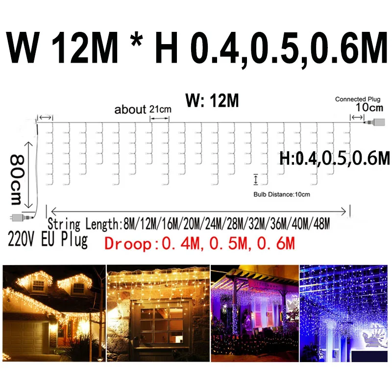 thumbnail image 1 of Guirnalda de luces LED de 4-40 M x 0,4-0,6 M, 220 V, 110 V, decoración de jardín al aire libre para Navidad, vacaciones, bodas, cascadas, 1 of 5