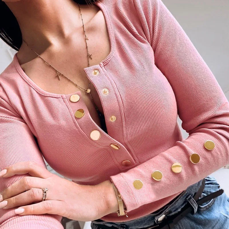 

NCLAGEN 2019 Autumn Slim Fitness Rivet Single Breasted Long Sleeve T Shirt Women Street Fashion Solid Knitted Bottoming Tees