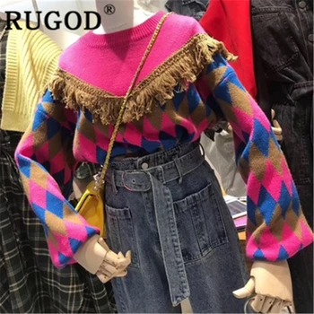 

RUGOD 2019 New autumn sweater pullover for women o neck argyle pattern tassel lantern sleeve knit coat fashion femme modis ins