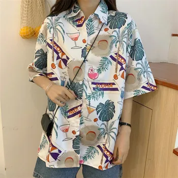

Vintage Printed Blouses Casual Short Sleeve Loose Shirts Women Turn-down Collar Button Summer Blouses Tops