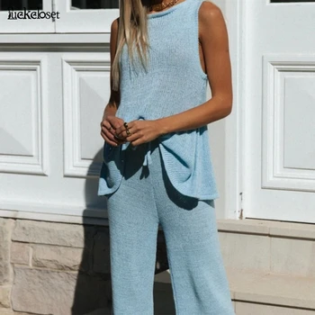 

Summer Fashion Casual Solid Color Two Piece Set Sexy 2 Pieces Women Sweater Knit Set Tank Top And Pants Casual Homewear Outfits