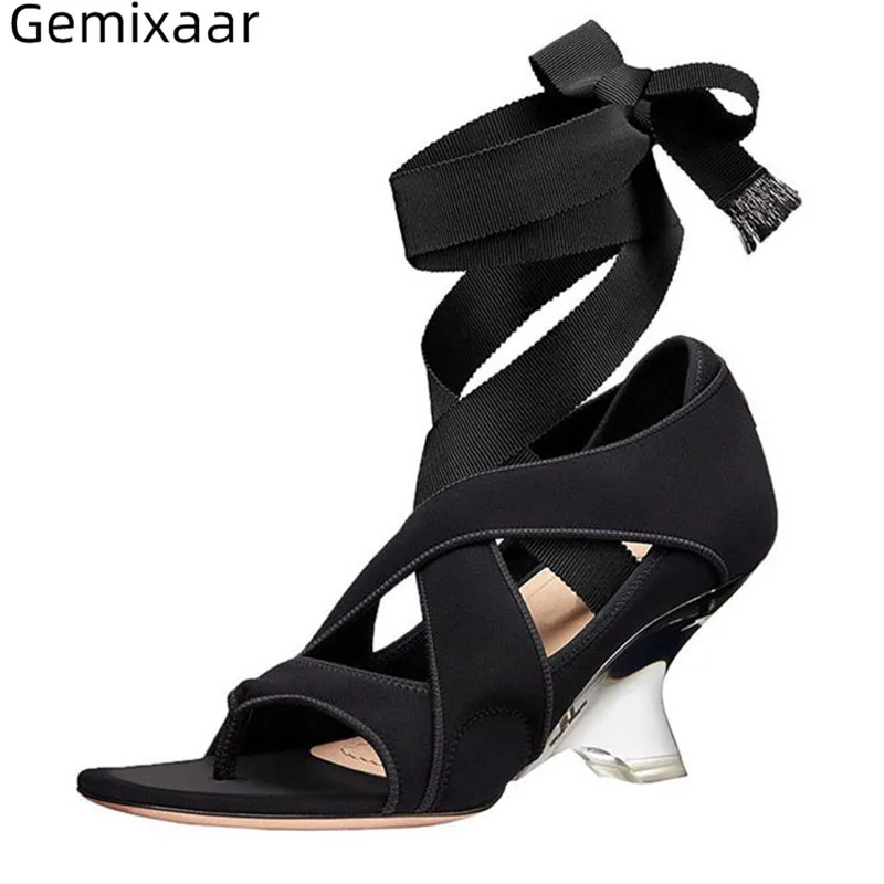 

Novelty Cross Riband Sandals Woman Flips Fliop Toe Strange Clear PVC Heel Party Sandalias Sexy Ankle Wrap Big Size Woman Sandals