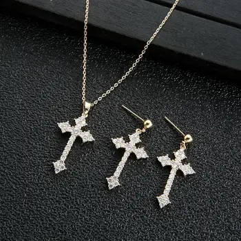 

Trendy Wedding Cross Necklace Earrings set For Women Accessories Full Cubic Zirconia Bridal Jewelry pendientes mujer D1539