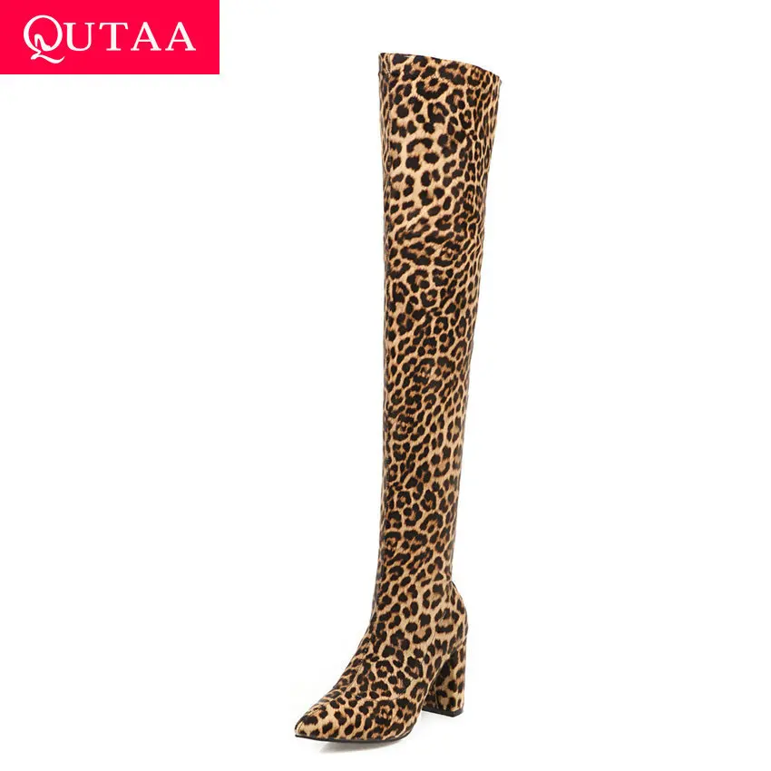 

QUTAA 2020 Stretch Fabrics Fashion Leopard Over The Knee High Boots Winter Sexy Square High Heel Slip on Women Shoes Size 34-43
