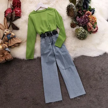 

Avocado Green Knitwear Jeans Autumn New Long Sleeve Tops Nine Pants Two Piece Set