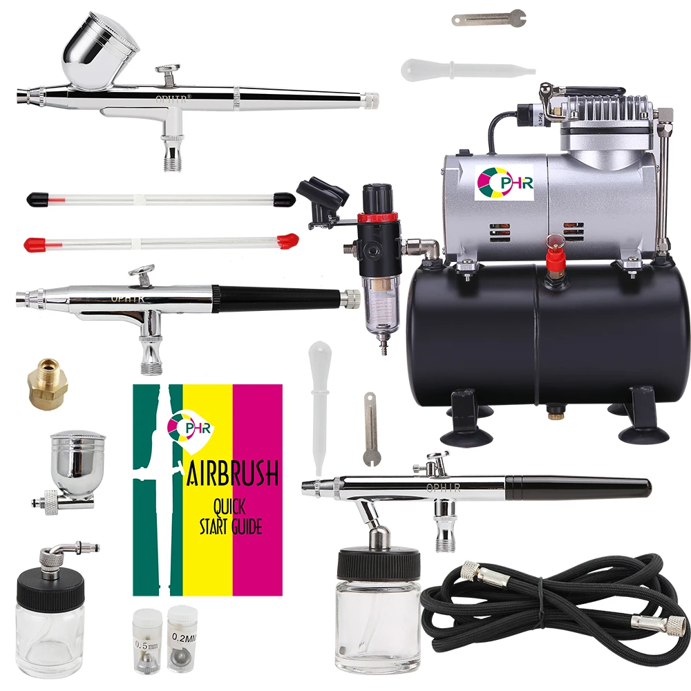 OPHIR Pro 0.3mm 0.35mm 0.5mm 3-Airbrushes Dual Action Air Tank Compressor Kit for Hobby Tattoo Body Paint AC090+004A+072+074