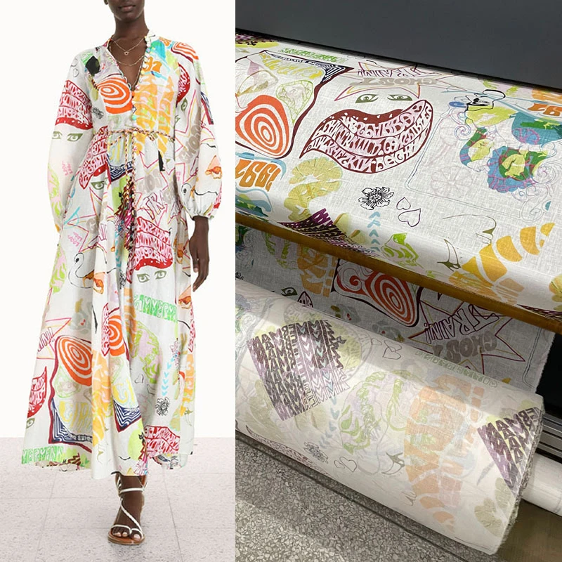 

Осенняя Европейская и американская брендовая чистая льняная цветная мультяшная буква узор цифровая печать ткань для одежды ручной работы «сделай сам»