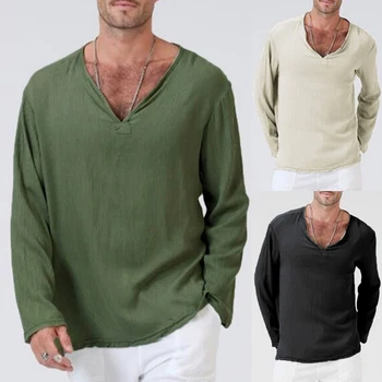 

Mens Casual Long Sleeve Shirt Summer Cool Loose Solid V Neck Shirts Tops H9