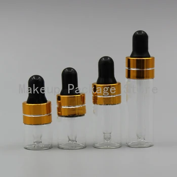 

50/100/200pcs 1ml 2ml 3ml 5ml Perfume Essential Oil Bottles clear Glass Dropper Bottle Jars With Pipette gold ring black head