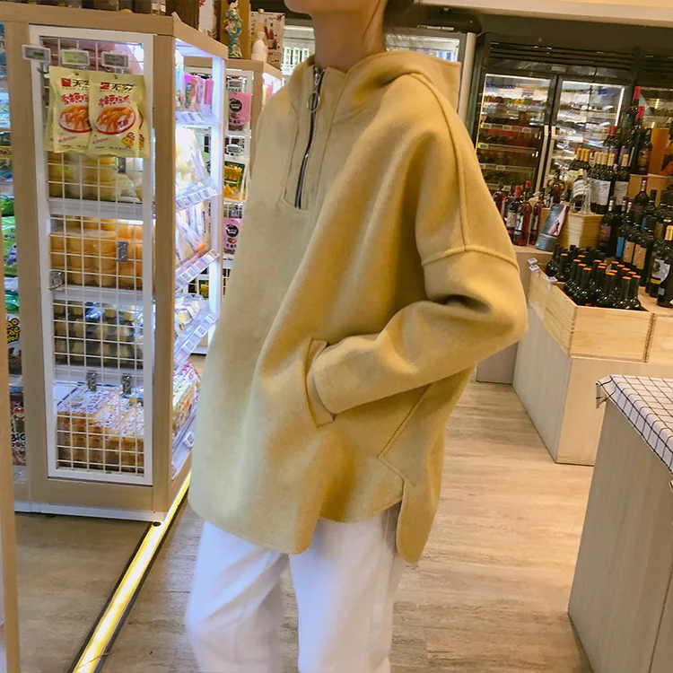 Осенняя одежда для фотосессии, корейский стиль, стиль, Harajuku стиль, свободный крой, средней длины, с разрезом, с капюшоном, шерстяная одежда с длинными рукавами