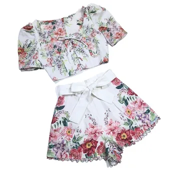 Runway Fahsion Designer Linen Shorts Set 2020 Summer 2 Pieces Cross Tie Front Short Sleeve Crop Top + High Waist Hot Shorts tie front cross wrap cami top