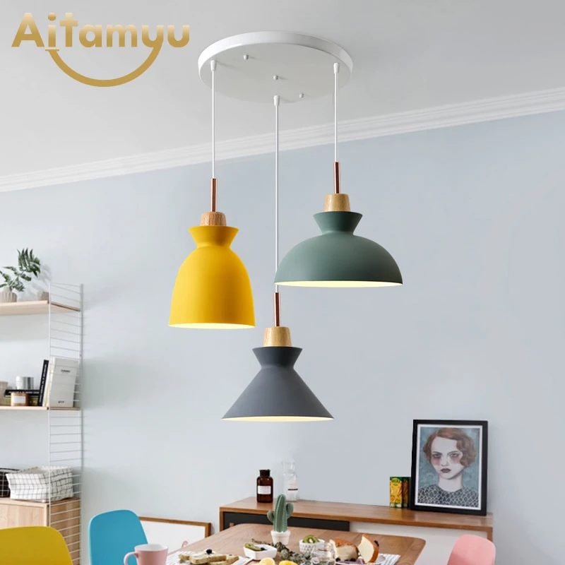 

LED indoor and outdoor lighting Dining Room Pendant Lamp Modern Colorful Restaurant Coffee Lighting Iron Solid Wood E27 Holder