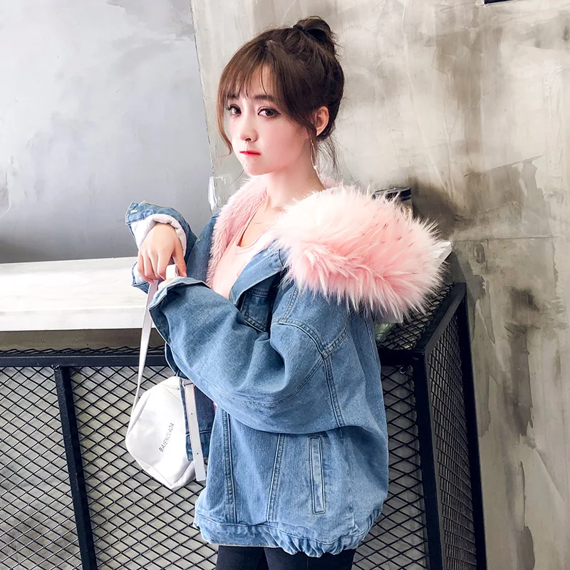 

Photo Shoot Winter New Style Korean-style Lambs Wool Loose-Fit Hooded Large Fur Collar Short Jeans Coat WOMEN'S Dress Thick Cott