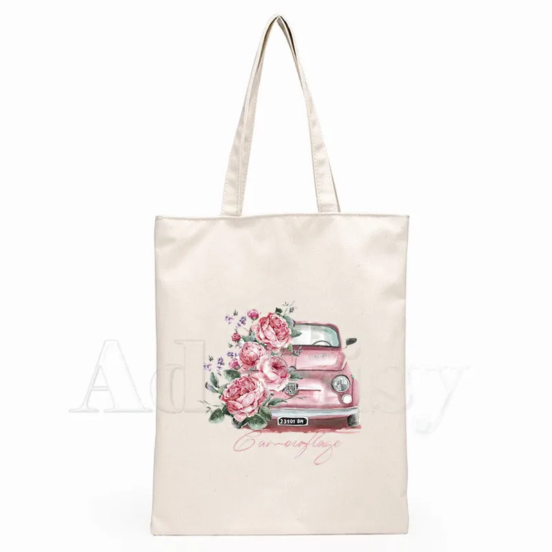 

Funny Flower Car Women Female Foldable Canvas Shoulder Bag Canvas Tote Eco Shopping Bag Canvas Tote Bag Casual HandBag Daily Use