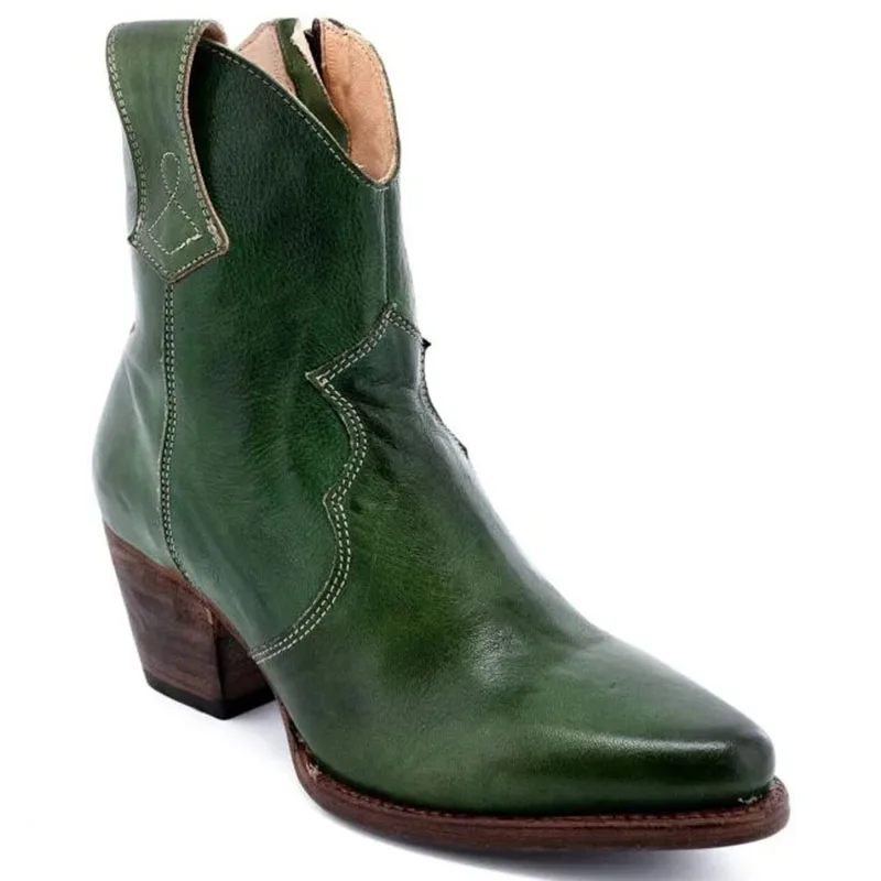 

Brown Green Cowboy Boots Women Ankle Pointed Toe Western Leather Boots Female Retro Shoes Zip Up Chunky Botines Mujer Plus Size