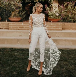 Pukguro Jumpsuits Wedding Dress Sexy Open Back Lace Long Sleeves Wedding Pant Suits For Brides With Train Elegant Formal Dress
