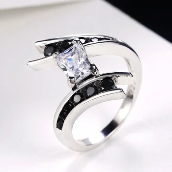 

Huitan New Fashion Geometric Shape Women Ring Wedding Engagement Party Ring Personality Finger Ring White & Black Stone Daily