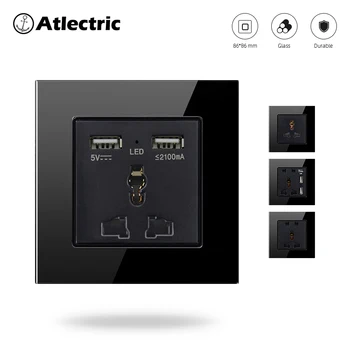 

Atlectric Universal Wall Socket Tempered Glass Panel With Dual Usb Port 220V Three-hole, Five-hole Multi-function Socket Home