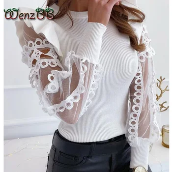 

Wenzbb Sexy Mesh Splicing Hollow Out Tight Tops Women Cute Long Sleeve O-Neck Slim T-Shirt Dropshipping