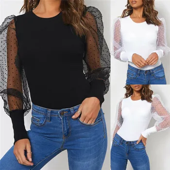 

Fashion Mesh Puff Sleeve Bodysuit Fall Autumn OL Women See Through Long Sleeve Patchwork Dot Bodysuit Sexy Bodycon Solid Romper
