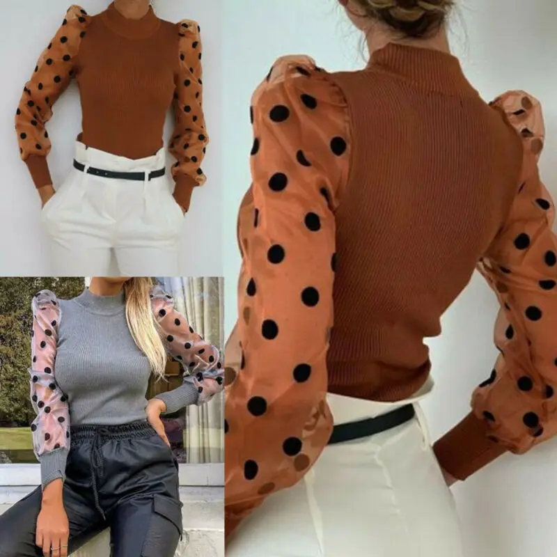 Spring Winter Fashion Women Turtleneck Sweater Ladies Knitted Ribbed Spotted Polka Dots Mesh Puff Sleeve Jumper Top Sweater