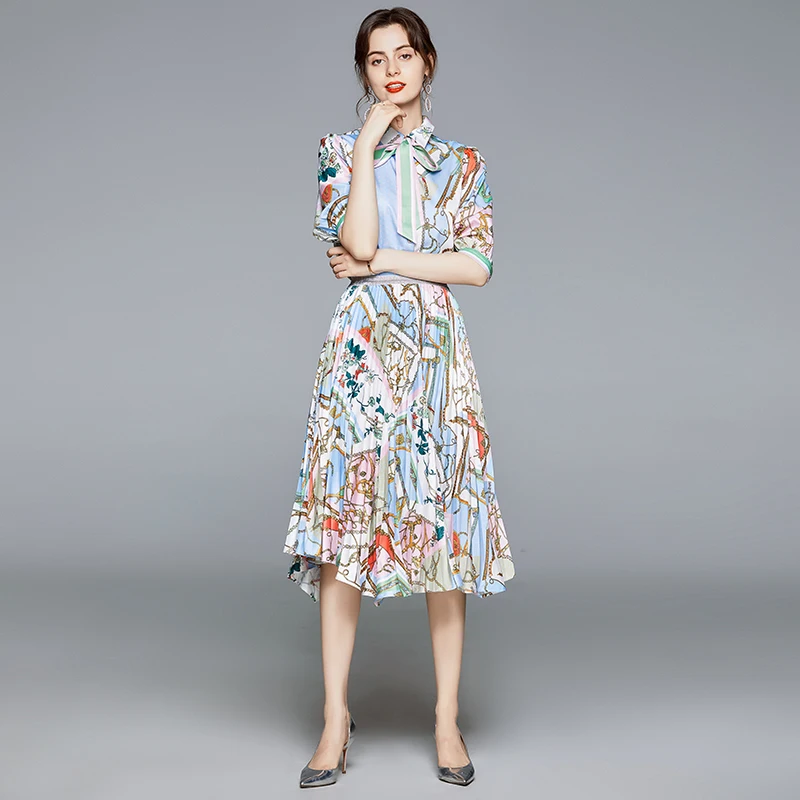 Runway Skirt 2 Piece Set Women Bow Tie Sashes Half Sleeve Floral Blouse Shirts and Irregular Pleated Skirt Women Clothing Set